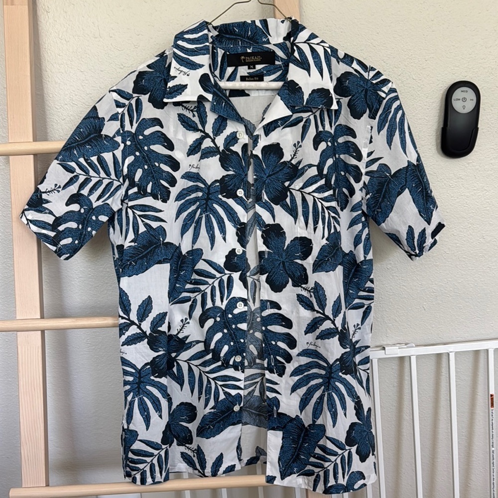Blue and White Casual Button Down Shirt with Tropical Print